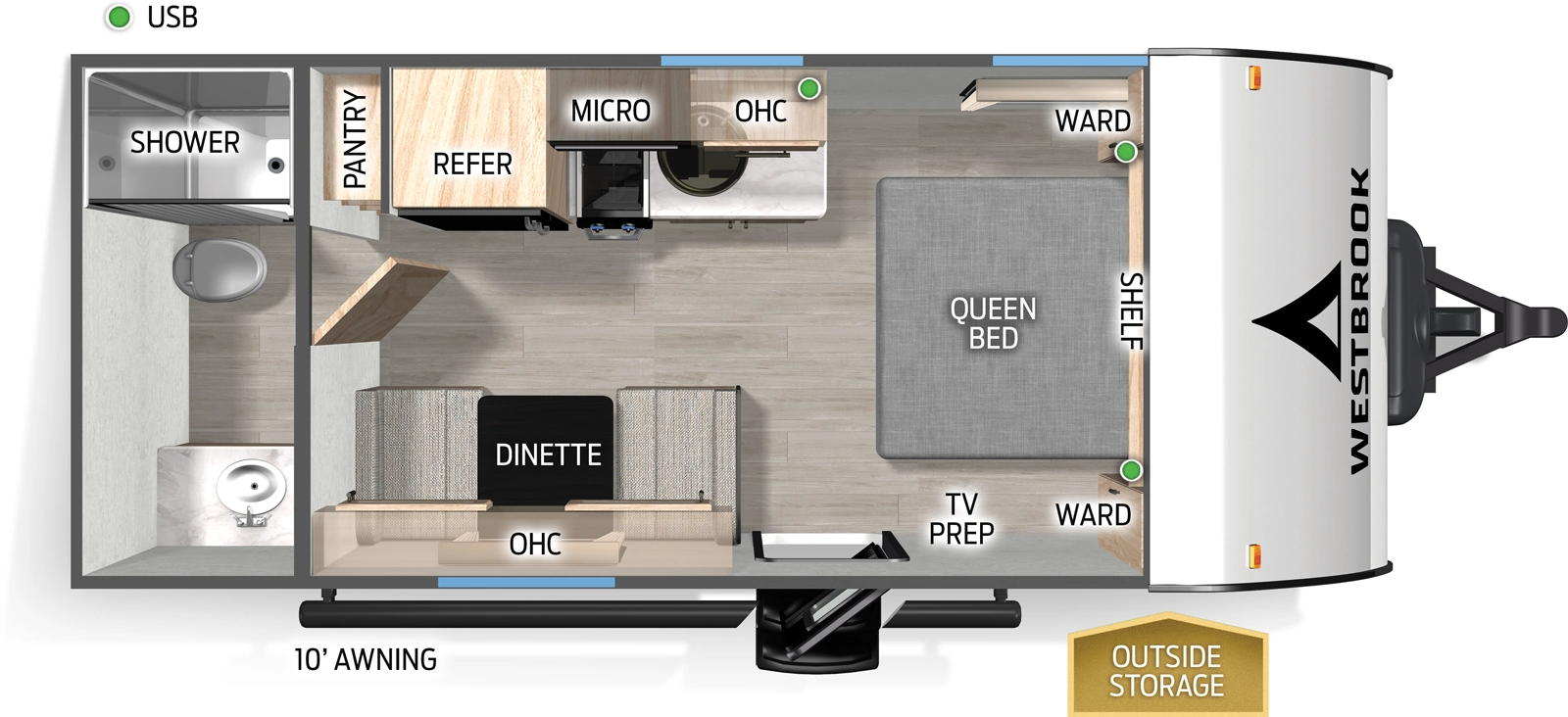 The Westbrook 16RBCC floorplan has one entry and zero slide outs. Exterior features include: metal exterior and 10' awning. Interiors features include: front bedroom and rear bathroom.
